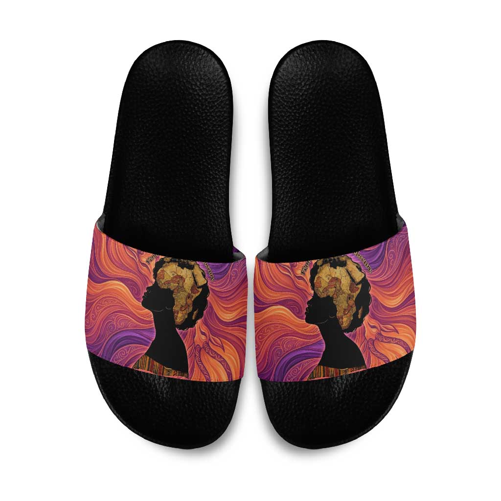 Léopold Sédar Senghor Slide Sandals Femme Noire Silhouette with Africa Map Pattern Vibrant Swirl Background - Wonder Print Shop