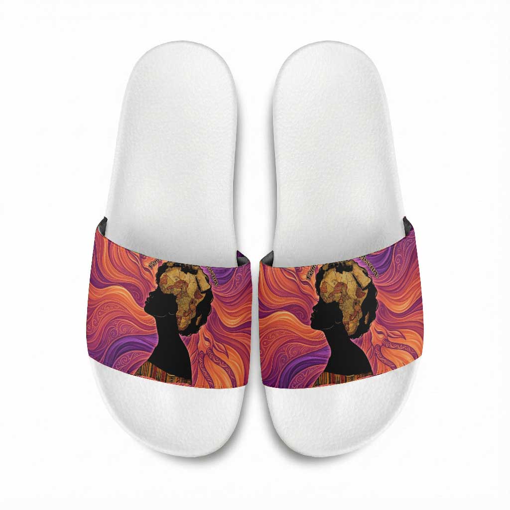 Léopold Sédar Senghor Slide Sandals Femme Noire Silhouette with Africa Map Pattern Vibrant Swirl Background - Wonder Print Shop