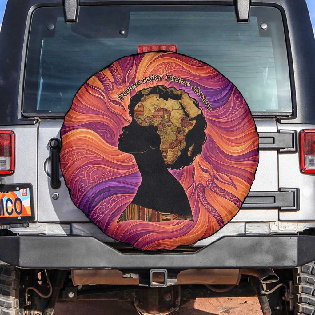Léopold Sédar Senghor Spare Tire Cover Femme Noire Silhouette with Africa Map Pattern Vibrant Swirl Background - Wonder Print Shop