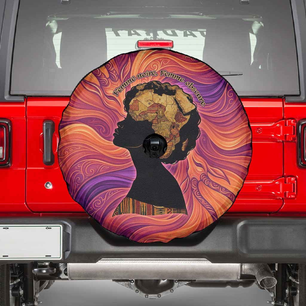 Léopold Sédar Senghor Spare Tire Cover Femme Noire Silhouette with Africa Map Pattern Vibrant Swirl Background - Wonder Print Shop