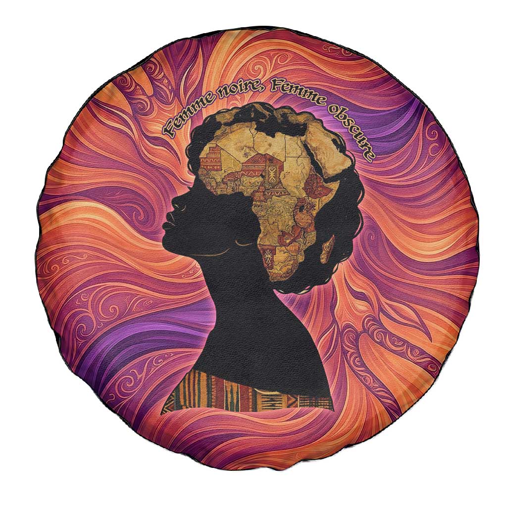 Léopold Sédar Senghor Spare Tire Cover Femme Noire Silhouette with Africa Map Pattern Vibrant Swirl Background - Wonder Print Shop