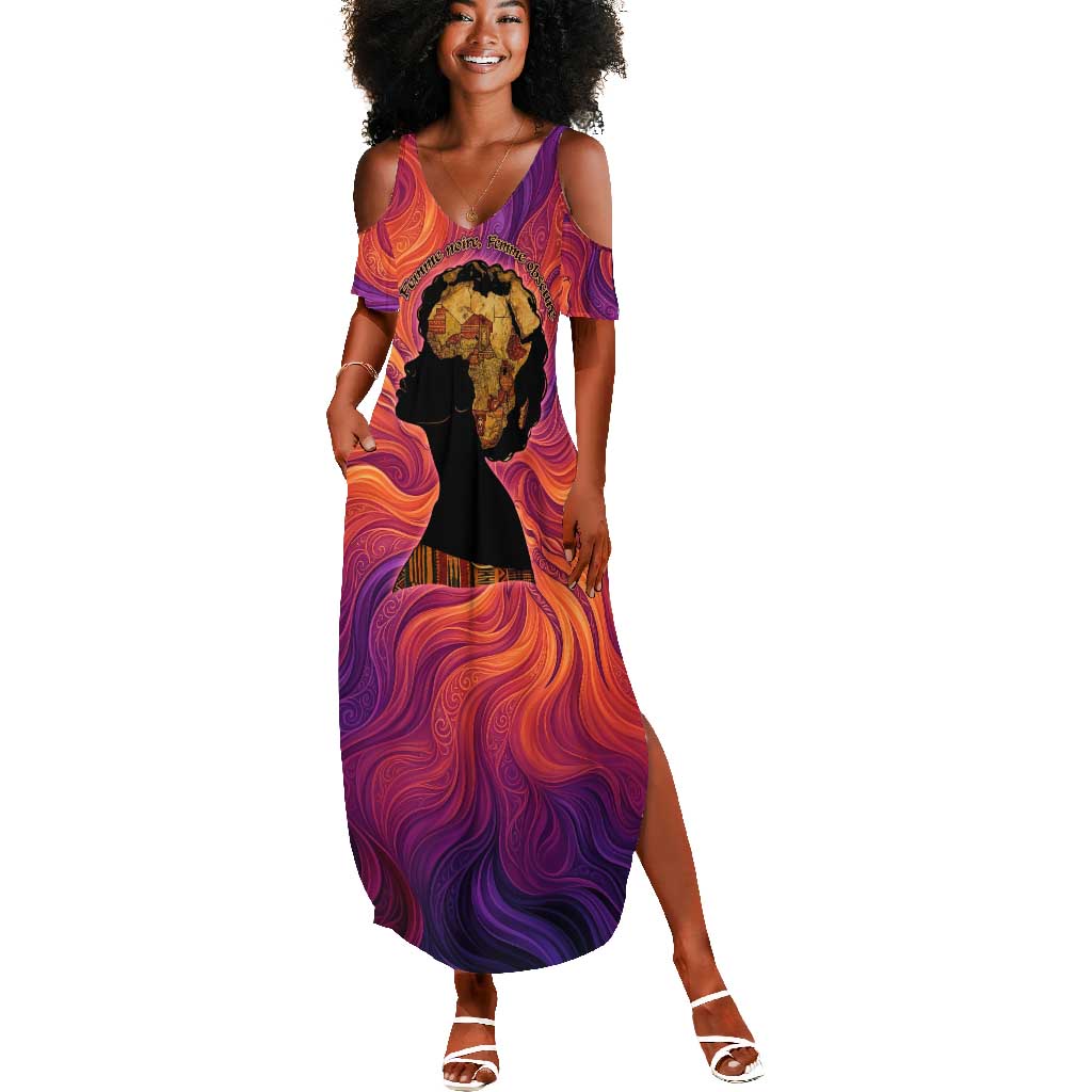 Léopold Sédar Senghor Summer Maxi Dress Femme Noire Silhouette with Africa Map Pattern Vibrant Swirl Background - Wonder Print Shop