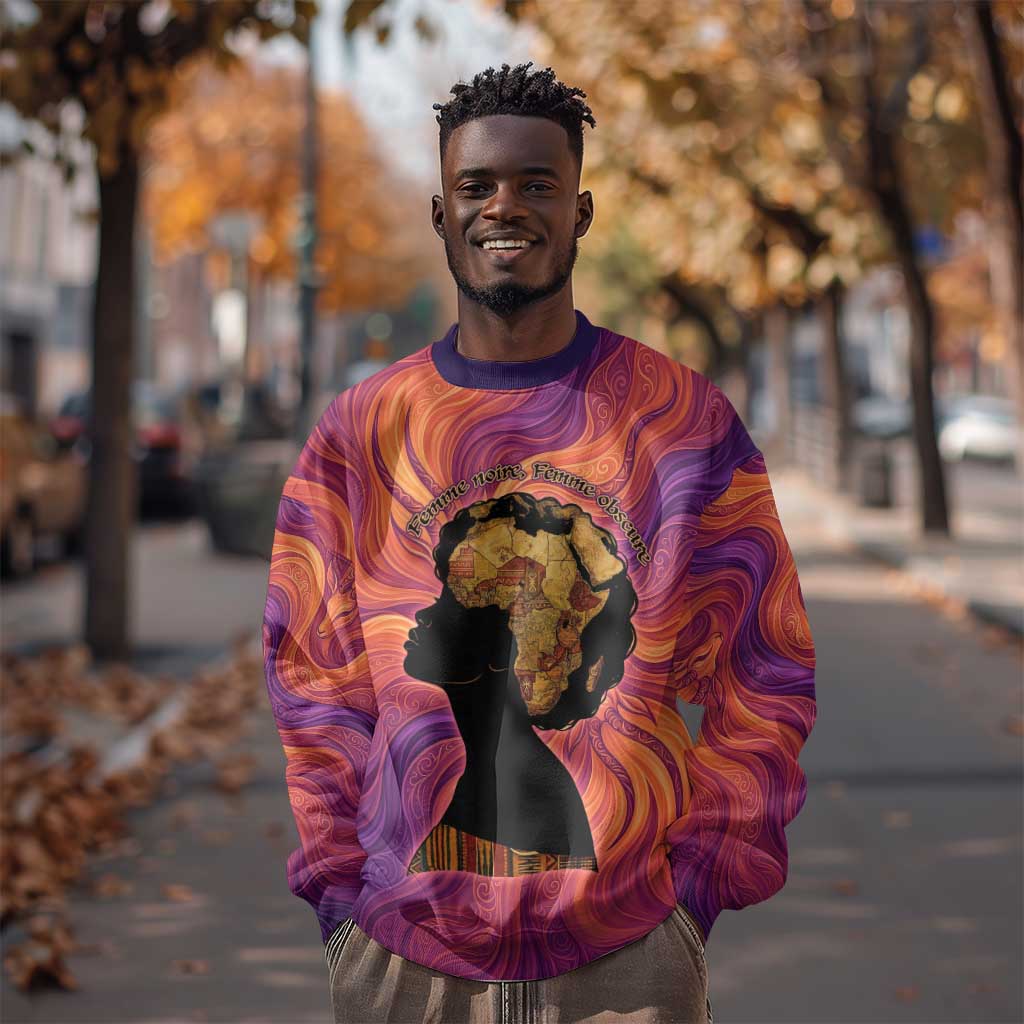 Léopold Sédar Senghor Sweatshirt Femme Noire Silhouette with Africa Map Pattern Vibrant Swirl Background - Wonder Print Shop