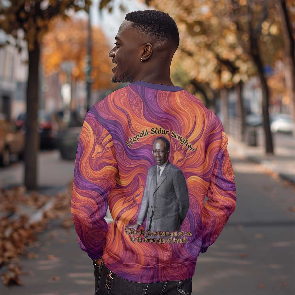 Léopold Sédar Senghor Sweatshirt Femme Noire Silhouette with Africa Map Pattern Vibrant Swirl Background - Wonder Print Shop