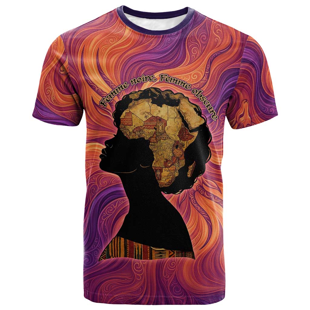 Léopold Sédar Senghor T shirt Femme Noire Silhouette with Africa Map Pattern Vibrant Swirl Background - Wonder Print Shop