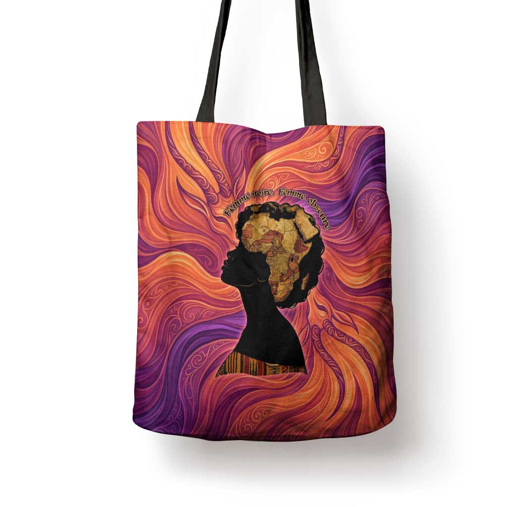 Léopold Sédar Senghor Tote Bag Femme Noire Silhouette with Africa Map Pattern Vibrant Swirl Background - Wonder Print Shop