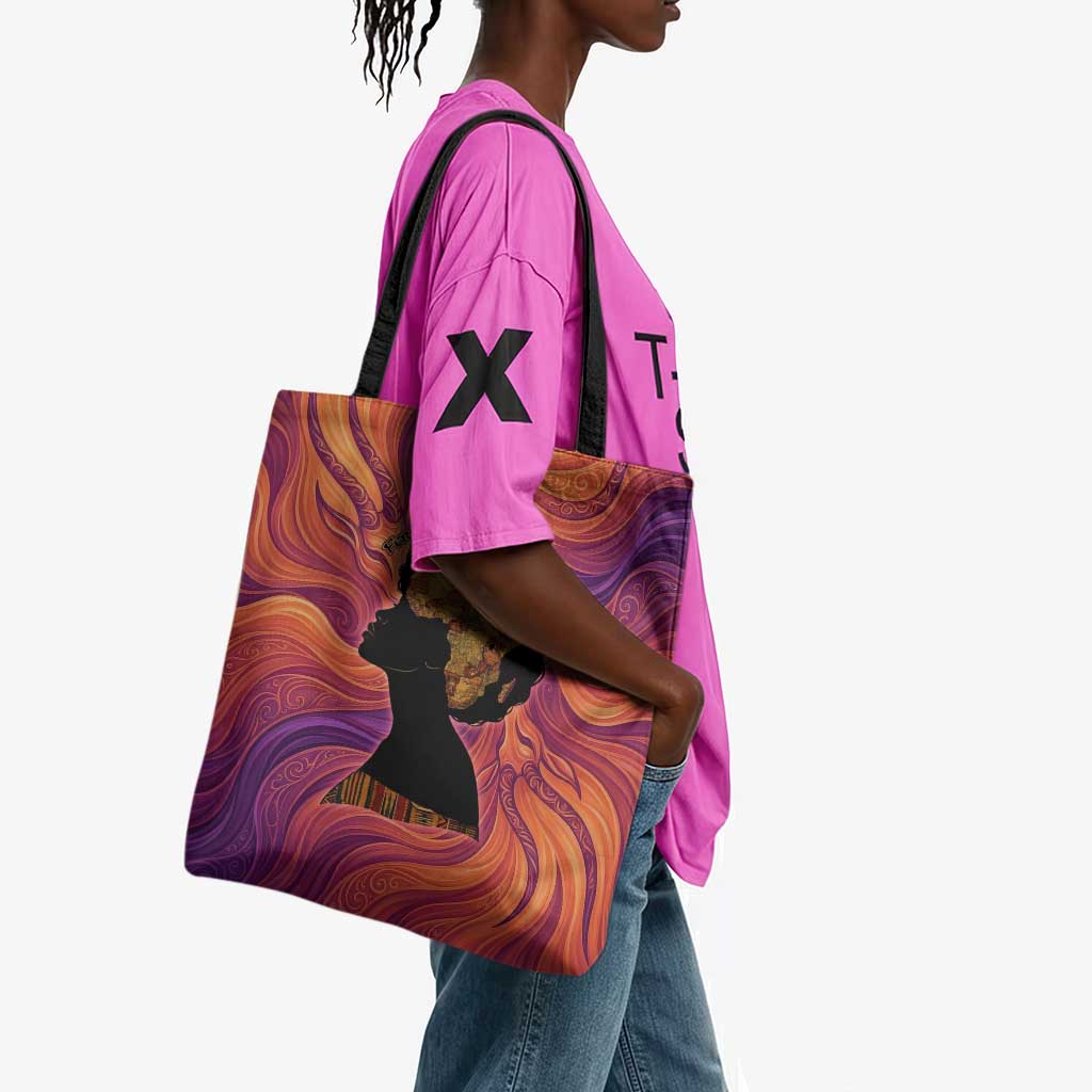 Léopold Sédar Senghor Tote Bag Femme Noire Silhouette with Africa Map Pattern Vibrant Swirl Background - Wonder Print Shop