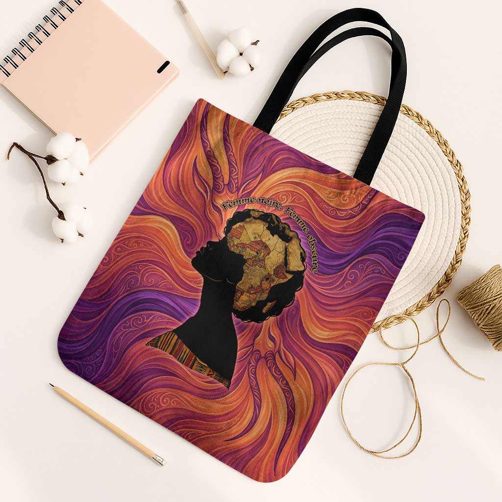 Léopold Sédar Senghor Tote Bag Femme Noire Silhouette with Africa Map Pattern Vibrant Swirl Background - Wonder Print Shop