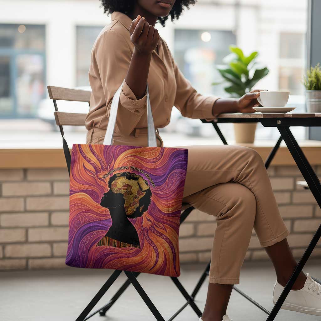 Léopold Sédar Senghor Tote Bag Femme Noire Silhouette with Africa Map Pattern Vibrant Swirl Background - Wonder Print Shop