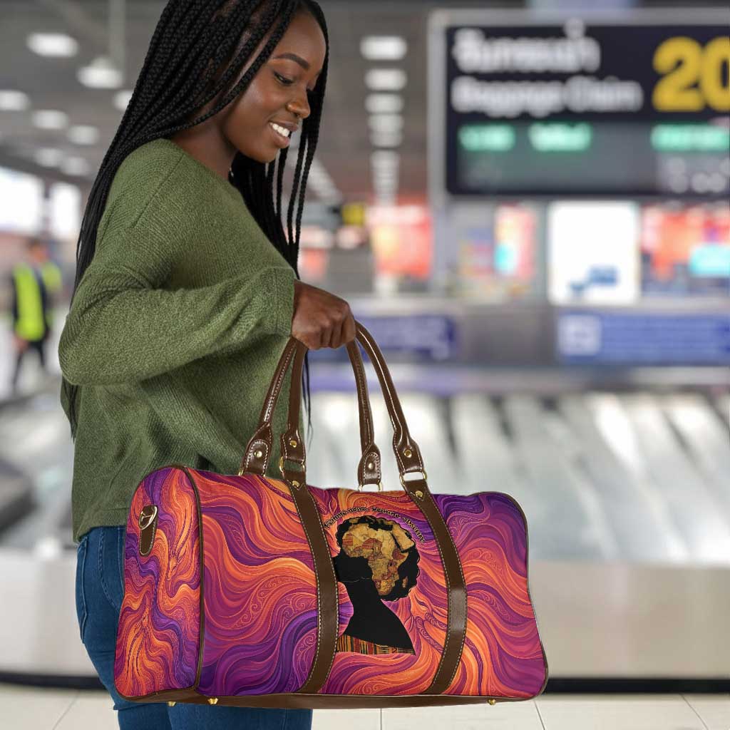 Léopold Sédar Senghor Travel Bag Femme Noire Silhouette with Africa Map Pattern Vibrant Swirl Background - Wonder Print Shop