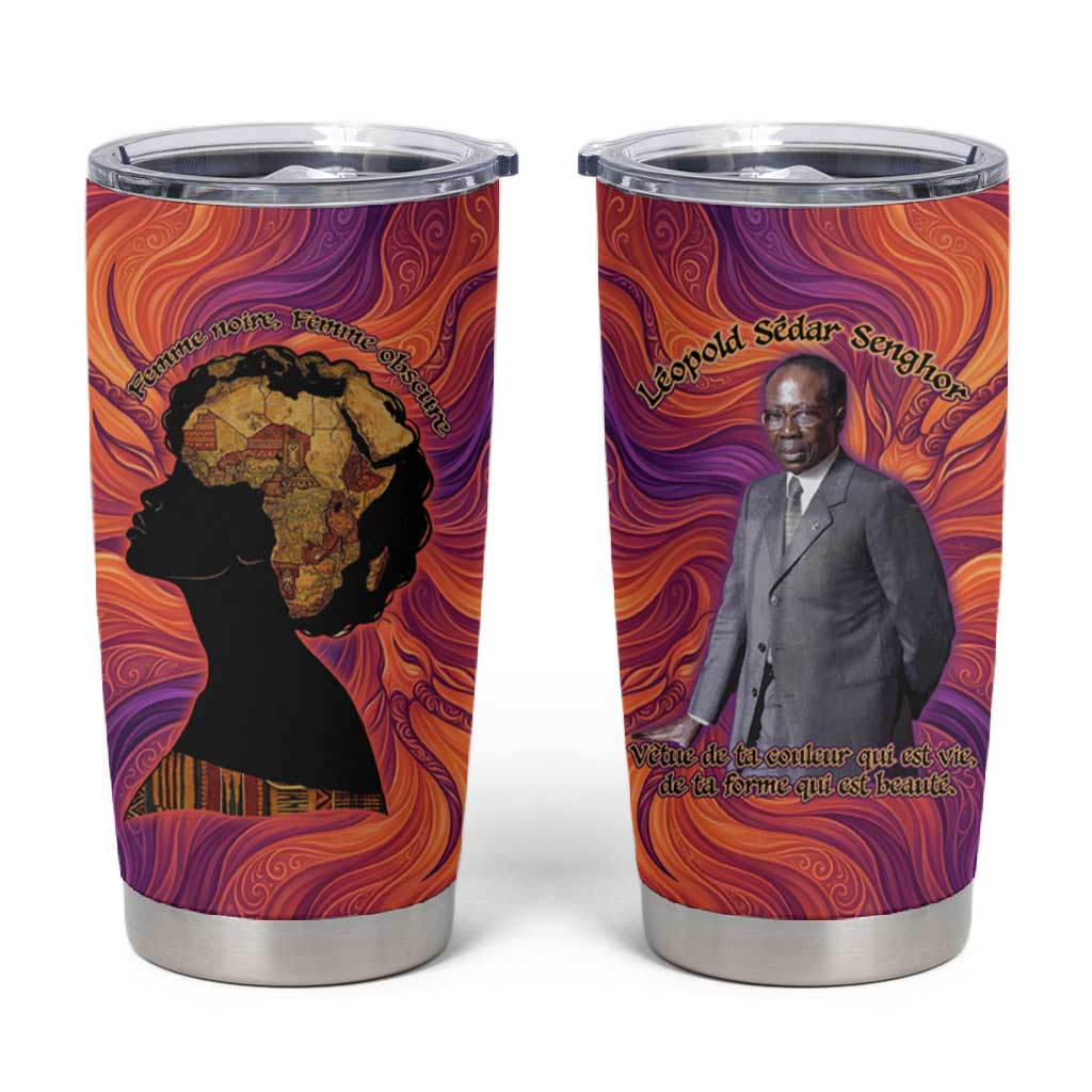 Léopold Sédar Senghor Tumbler Cup Femme Noire Silhouette with Africa Map Pattern Vibrant Swirl Background - Wonder Print Shop