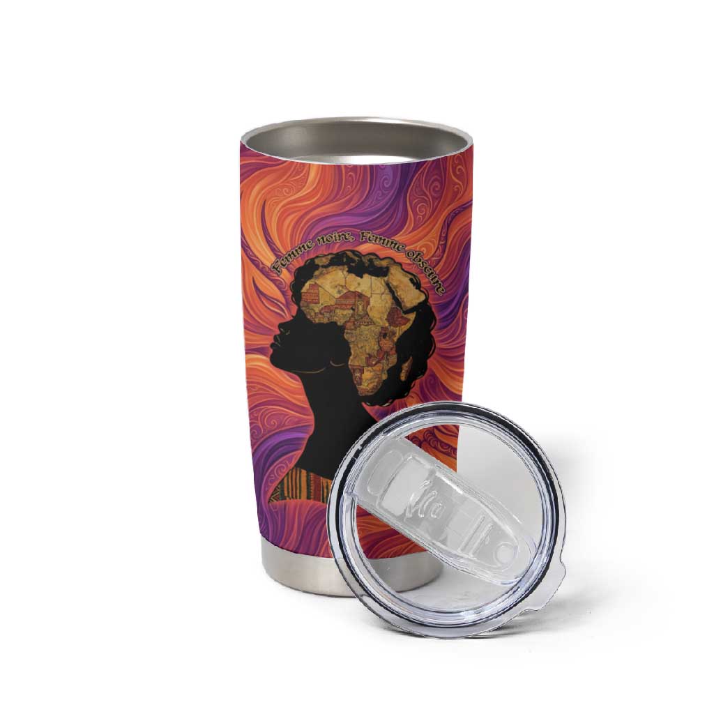 Léopold Sédar Senghor Tumbler Cup Femme Noire Silhouette with Africa Map Pattern Vibrant Swirl Background - Wonder Print Shop