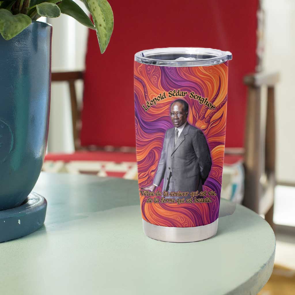 Léopold Sédar Senghor Tumbler Cup Femme Noire Silhouette with Africa Map Pattern Vibrant Swirl Background - Wonder Print Shop