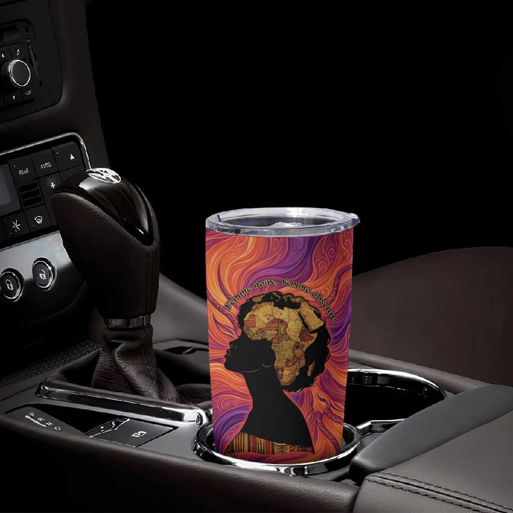 Léopold Sédar Senghor Tumbler Cup Femme Noire Silhouette with Africa Map Pattern Vibrant Swirl Background - Wonder Print Shop