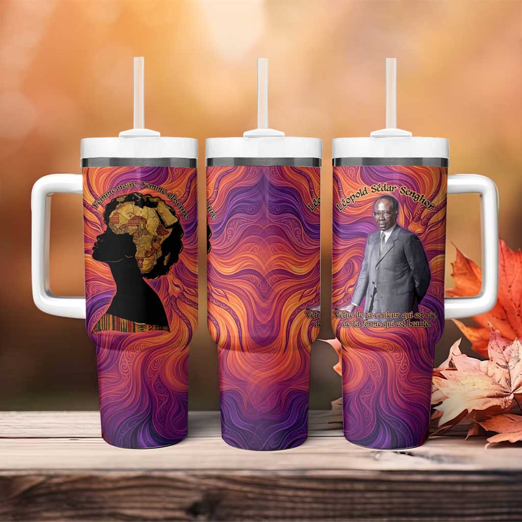 Léopold Sédar Senghor Tumbler With Handle Femme Noire Silhouette with Africa Map Pattern Vibrant Swirl Background - Wonder Print Shop
