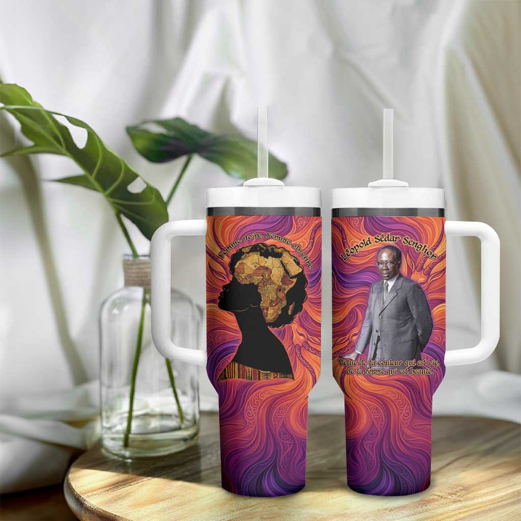Léopold Sédar Senghor Tumbler With Handle Femme Noire Silhouette with Africa Map Pattern Vibrant Swirl Background - Wonder Print Shop