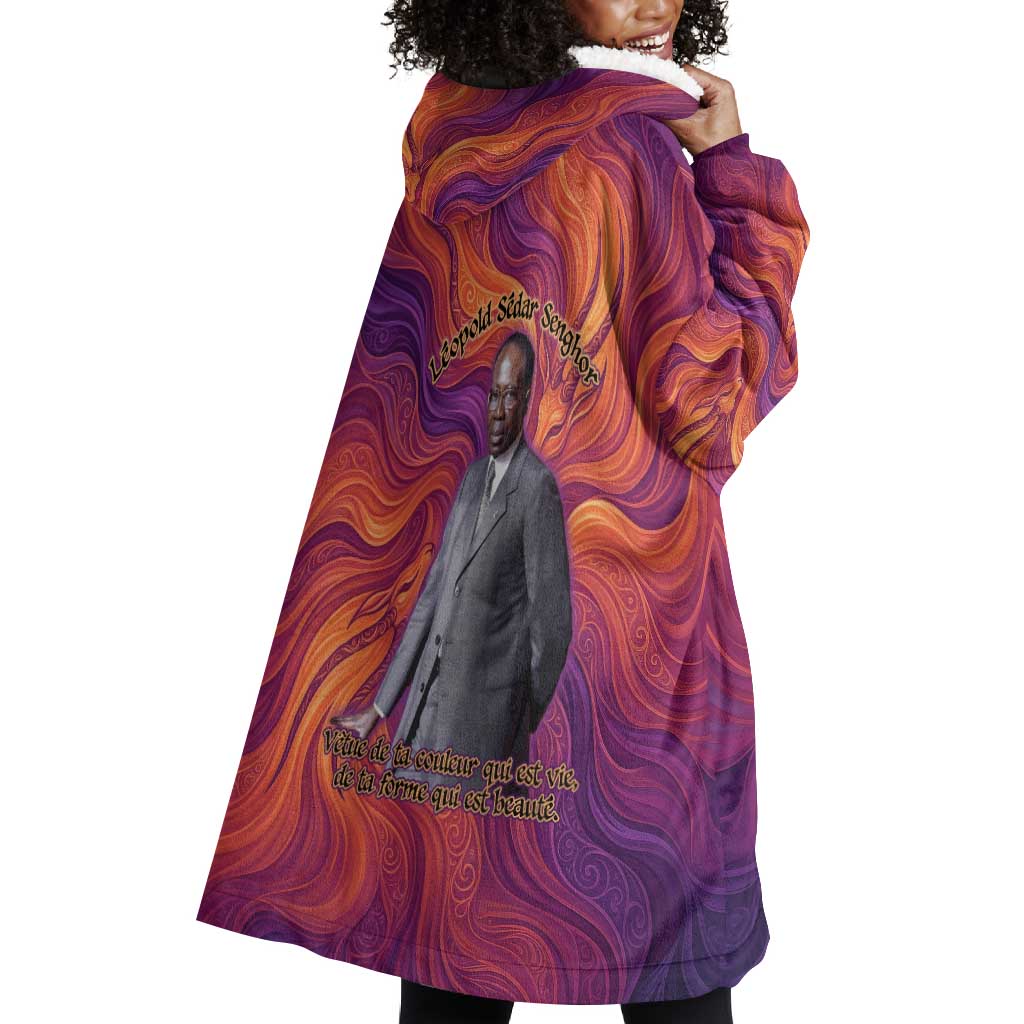 Léopold Sédar Senghor Wearable Blanket Hoodie Femme Noire Silhouette with Africa Map Pattern Vibrant Swirl Background - Wonder Print Shop