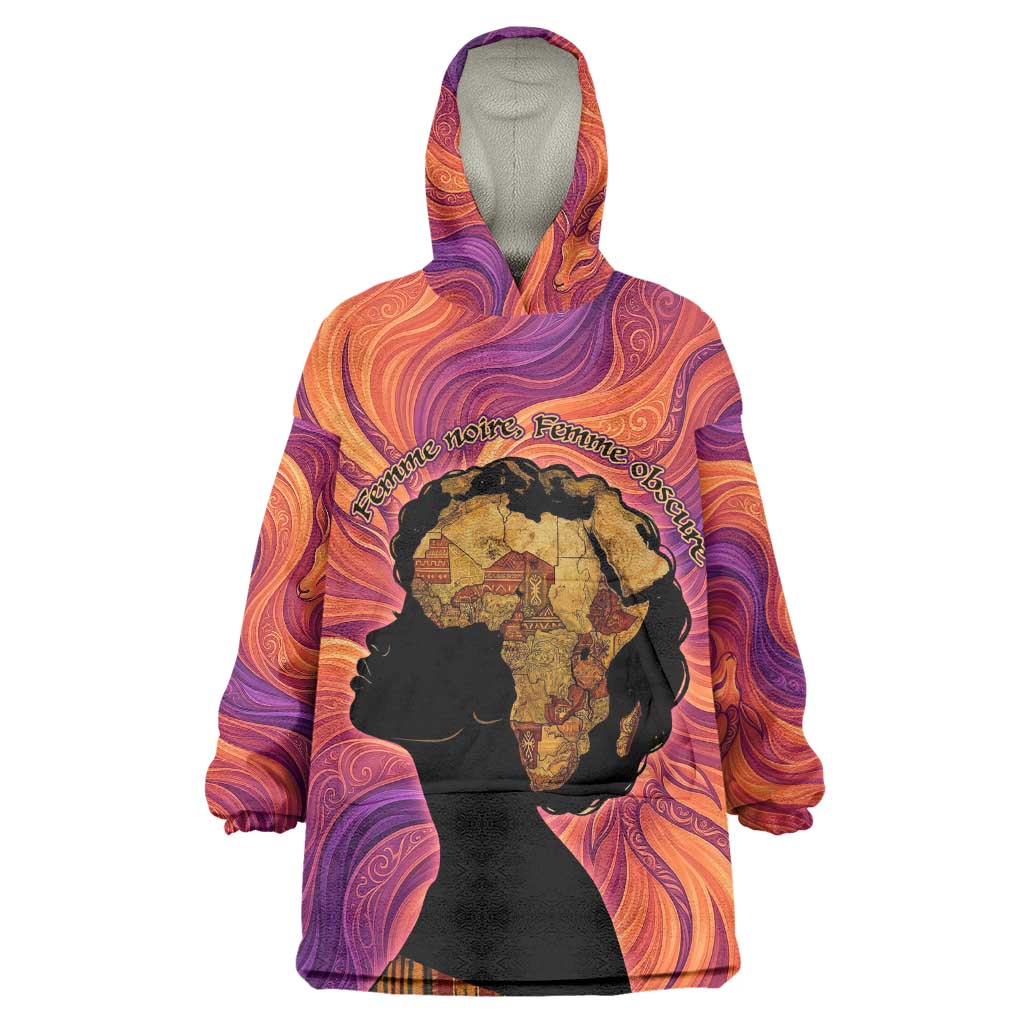 Léopold Sédar Senghor Wearable Blanket Hoodie Femme Noire Silhouette with Africa Map Pattern Vibrant Swirl Background - Wonder Print Shop