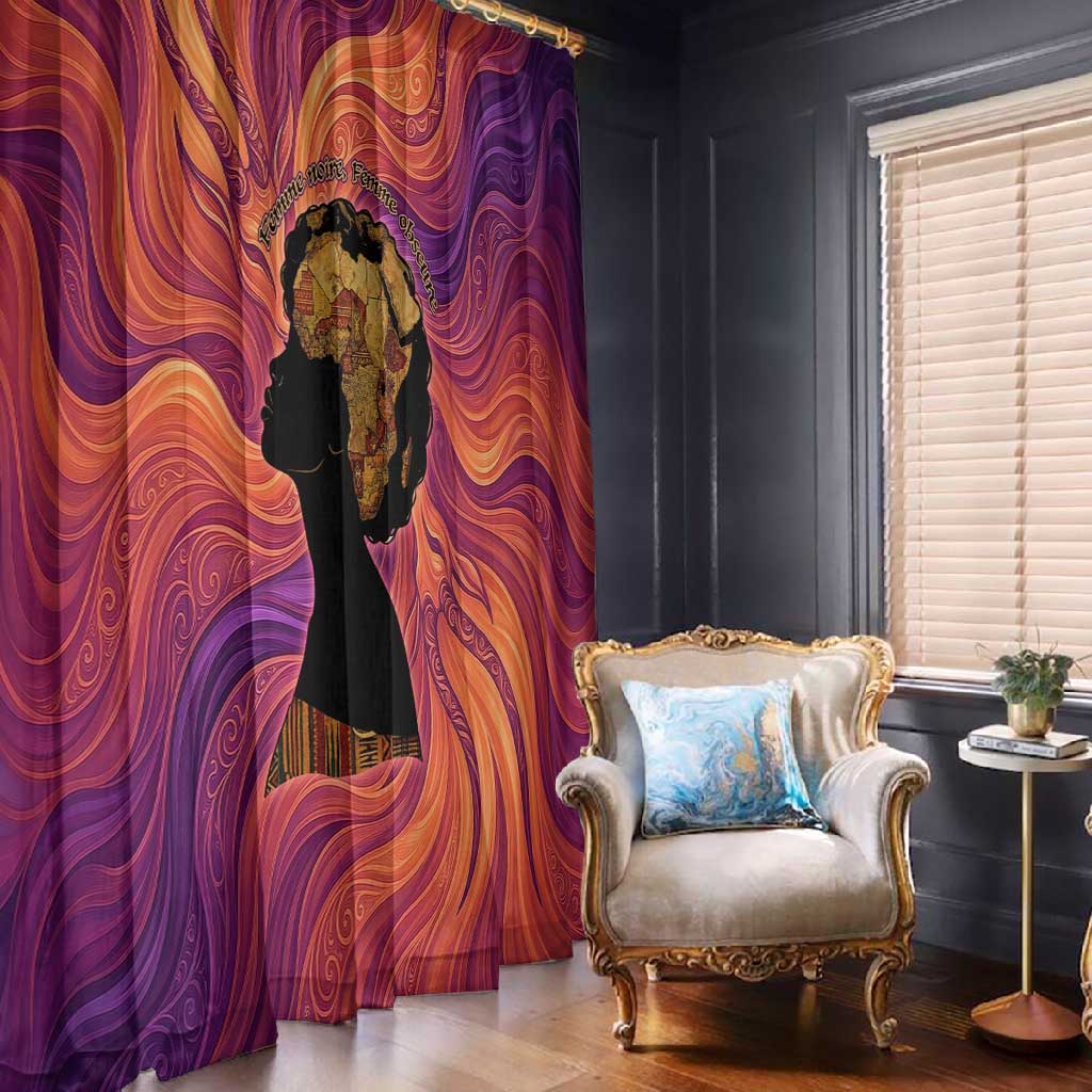 Léopold Sédar Senghor Window Curtain Femme Noire Silhouette with Africa Map Pattern Vibrant Swirl Background - Wonder Print Shop
