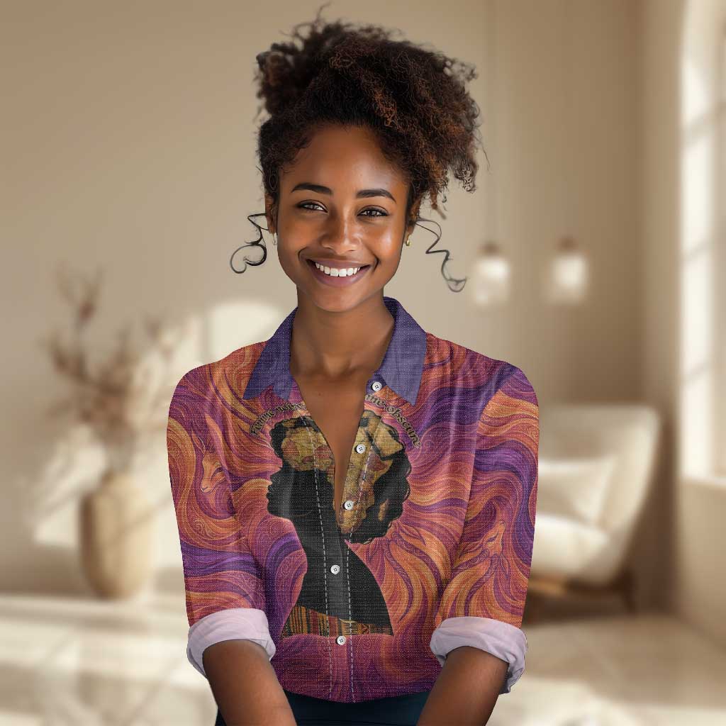 Léopold Sédar Senghor Women Casual Shirt Femme Noire Silhouette with Africa Map Pattern Vibrant Swirl Background - Wonder Print Shop