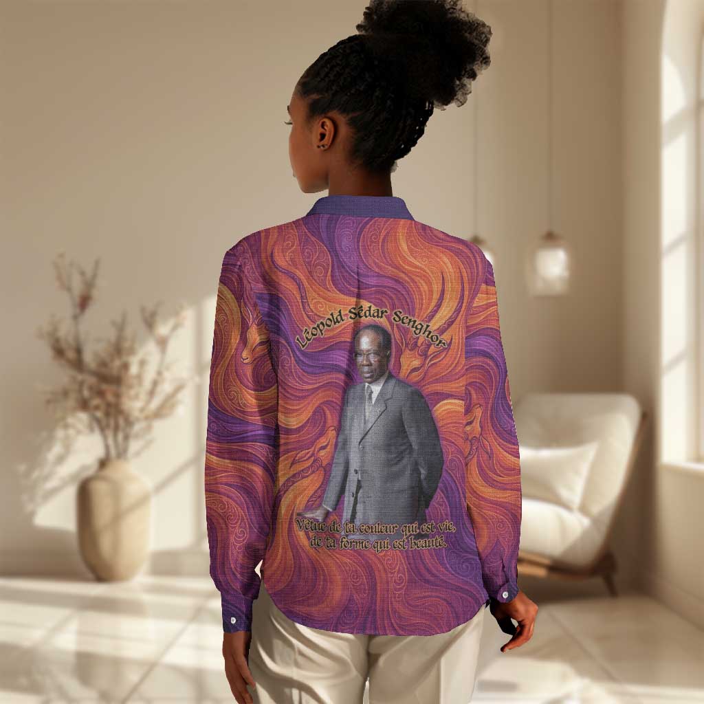 Léopold Sédar Senghor Women Casual Shirt Femme Noire Silhouette with Africa Map Pattern Vibrant Swirl Background - Wonder Print Shop