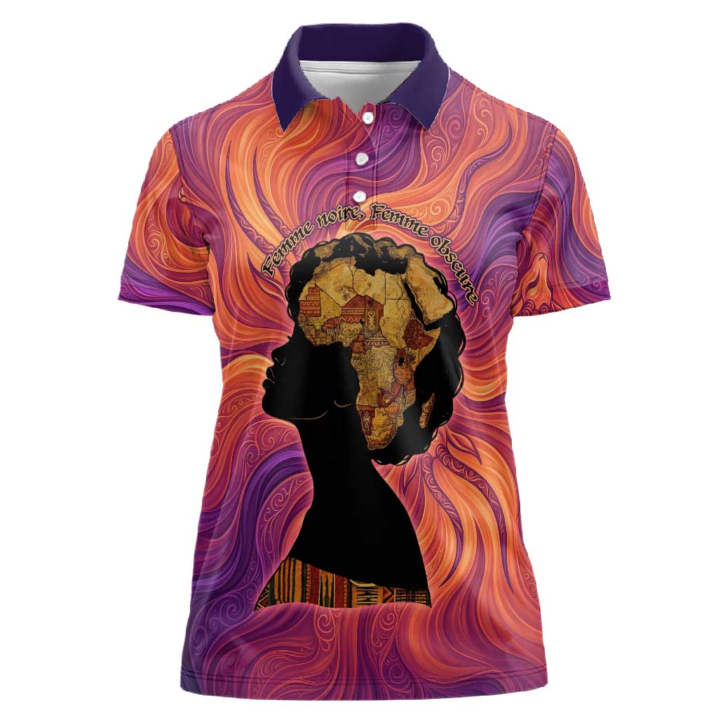 Léopold Sédar Senghor Women Polo Shirt Femme Noire Silhouette with Africa Map Pattern Vibrant Swirl Background - Wonder Print Shop