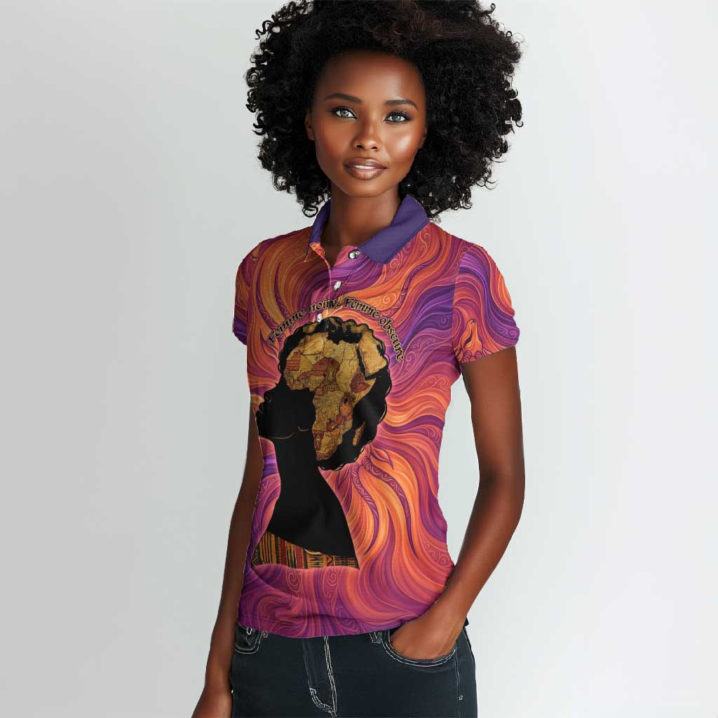 Léopold Sédar Senghor Women Polo Shirt Femme Noire Silhouette with Africa Map Pattern Vibrant Swirl Background - Wonder Print Shop
