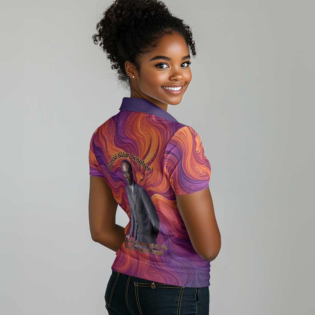 Léopold Sédar Senghor Women Polo Shirt Femme Noire Silhouette with Africa Map Pattern Vibrant Swirl Background - Wonder Print Shop
