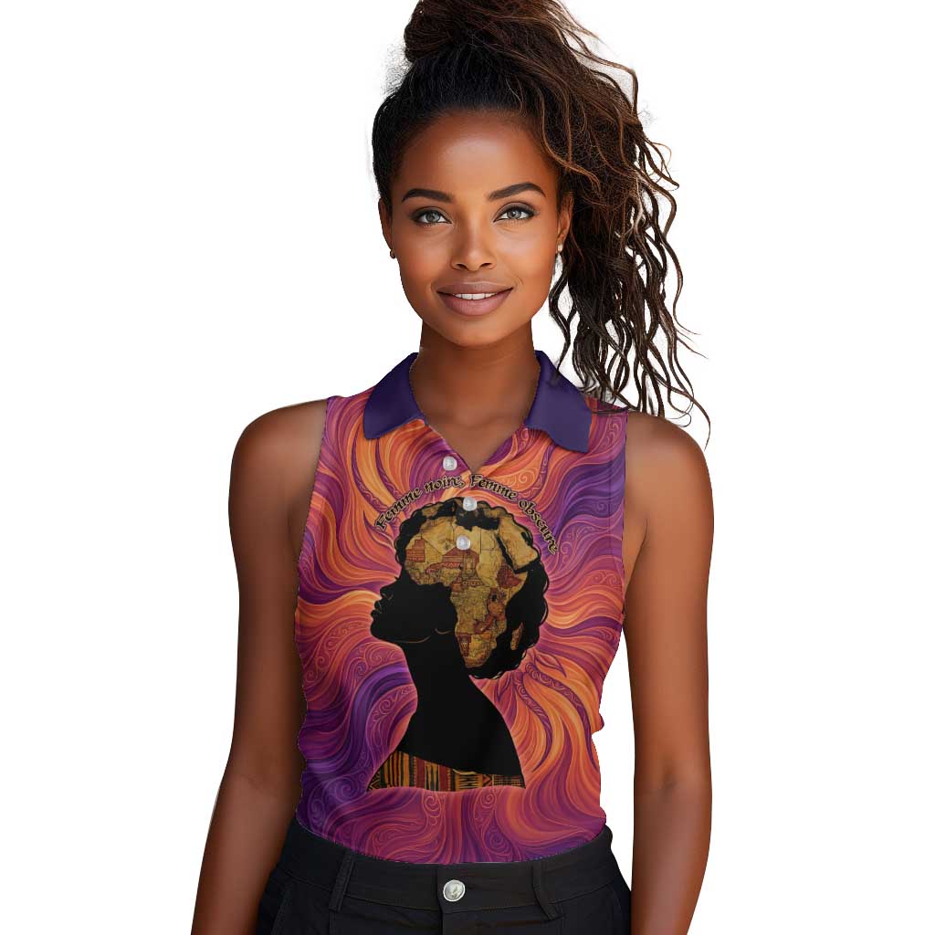 Léopold Sédar Senghor Women Sleeveless Polo Shirt Femme Noire Silhouette with Africa Map Pattern Vibrant Swirl Background - Wonder Print Shop