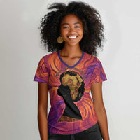 Léopold Sédar Senghor Women V-Neck T-Shirt Femme Noire Silhouette with Africa Map Pattern Vibrant Swirl Background - Wonder Print Shop