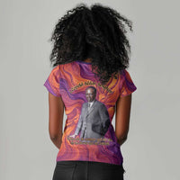 Léopold Sédar Senghor Women V-Neck T-Shirt Femme Noire Silhouette with Africa Map Pattern Vibrant Swirl Background - Wonder Print Shop