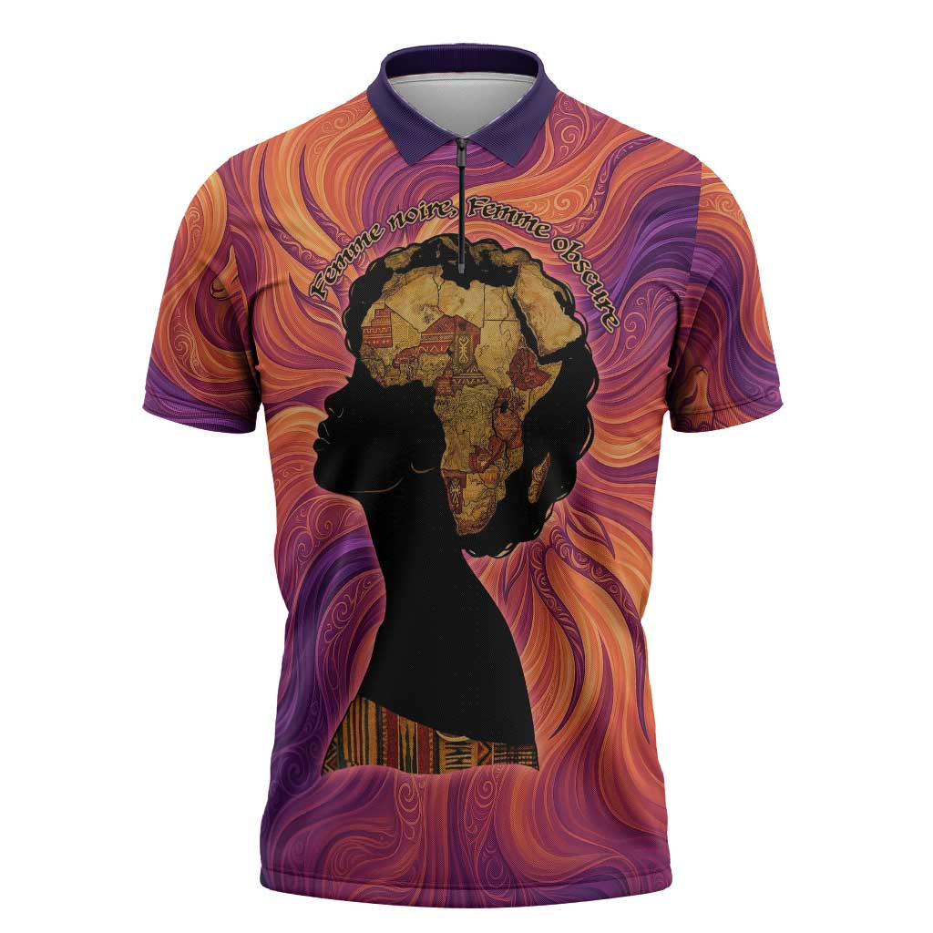 Léopold Sédar Senghor Zipper Polo Shirt Femme Noire Silhouette with Africa Map Pattern Vibrant Swirl Background - Wonder Print Shop