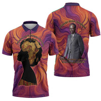 Léopold Sédar Senghor Zipper Polo Shirt Femme Noire Silhouette with Africa Map Pattern Vibrant Swirl Background - Wonder Print Shop