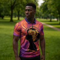 Léopold Sédar Senghor Zipper Polo Shirt Femme Noire Silhouette with Africa Map Pattern Vibrant Swirl Background - Wonder Print Shop
