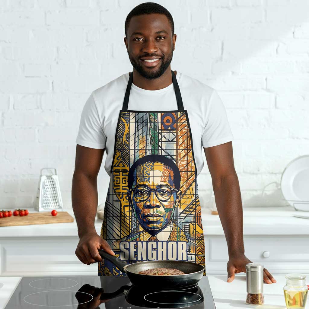 Léopold Sédar Senghor Apron President Poete Portrait Futuristic African Robotic Handshake Earth and Flowers Unity - Wonder Print Shop