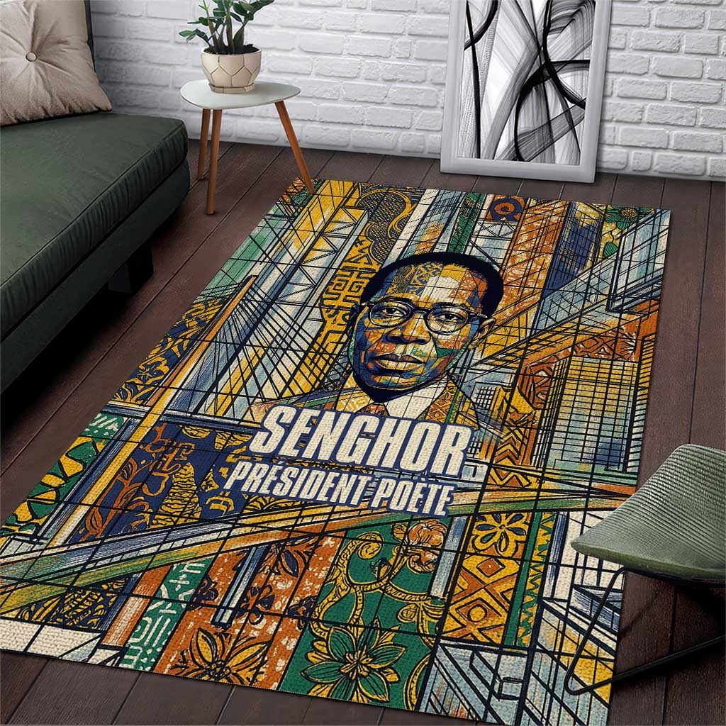 Léopold Sédar Senghor Area Rug President Poete Portrait Futuristic African Robotic Handshake Earth and Flowers Unity - Wonder Print Shop