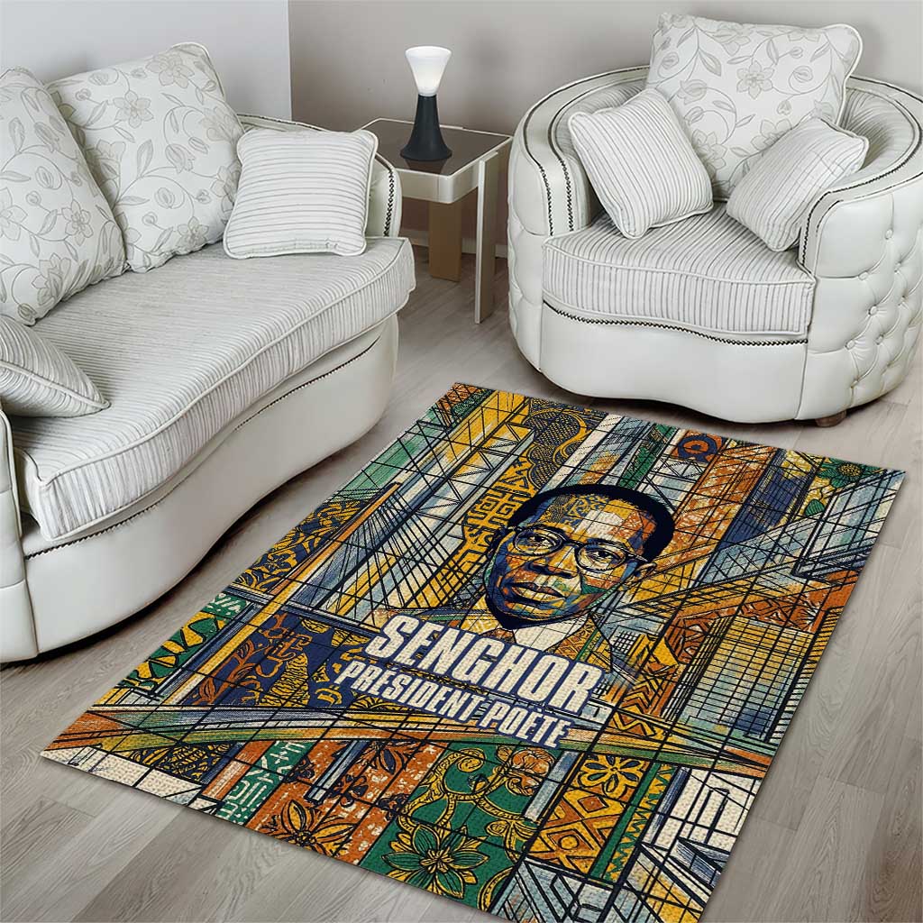 Léopold Sédar Senghor Area Rug President Poete Portrait Futuristic African Robotic Handshake Earth and Flowers Unity - Wonder Print Shop