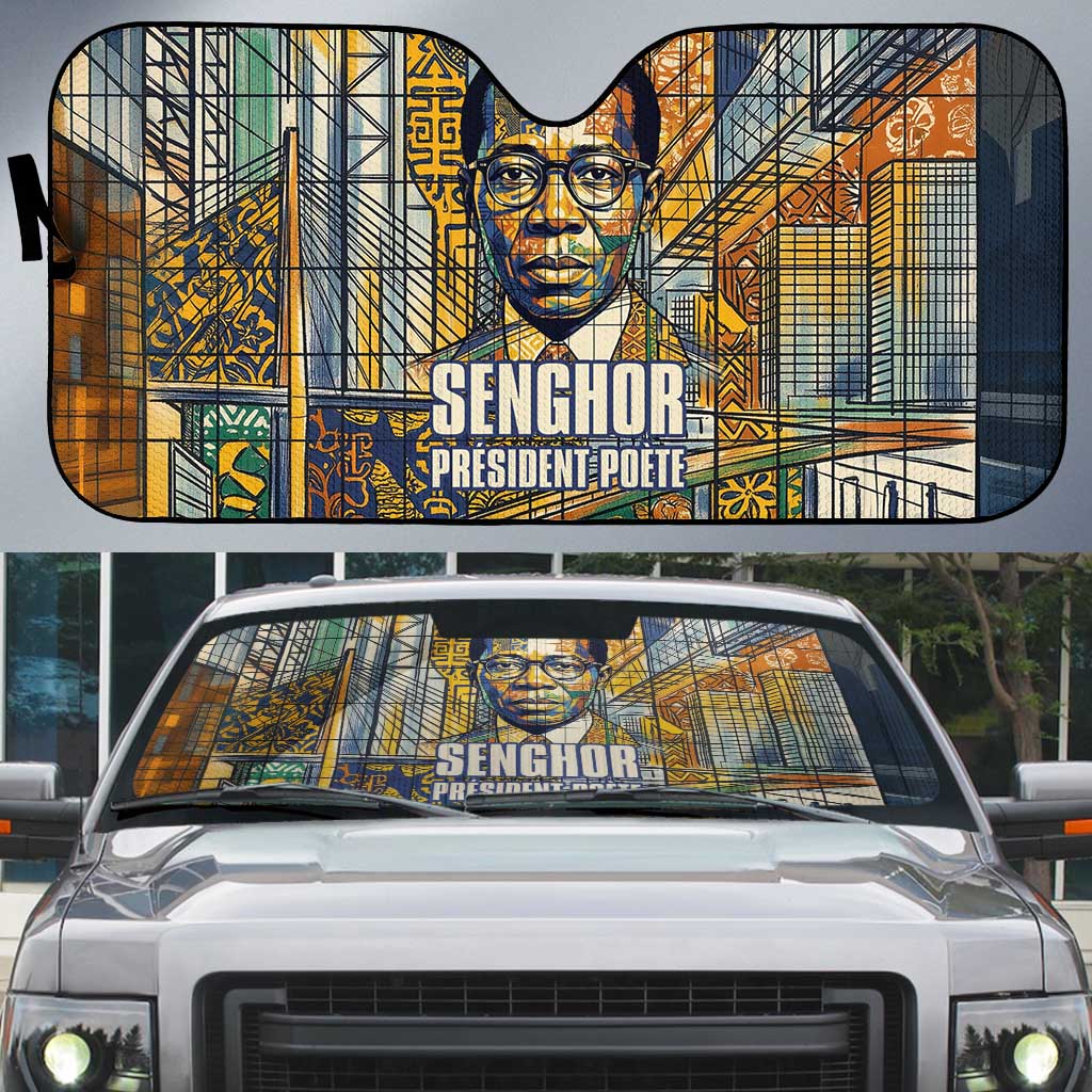 Léopold Sédar Senghor Auto Sun Shade President Poete Portrait Futuristic African Robotic Handshake Earth and Flowers Unity - Wonder Print Shop