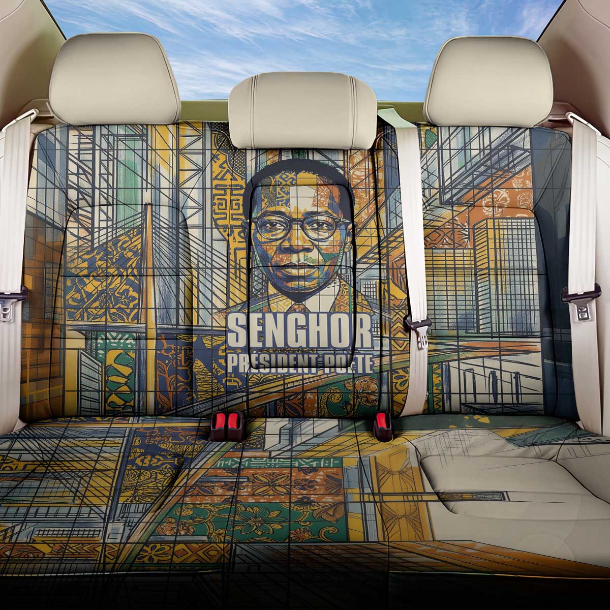 Léopold Sédar Senghor Back Car Seat Cover President Poete Portrait Futuristic African Robotic Handshake Earth and Flowers Unity - Wonder Print Shop