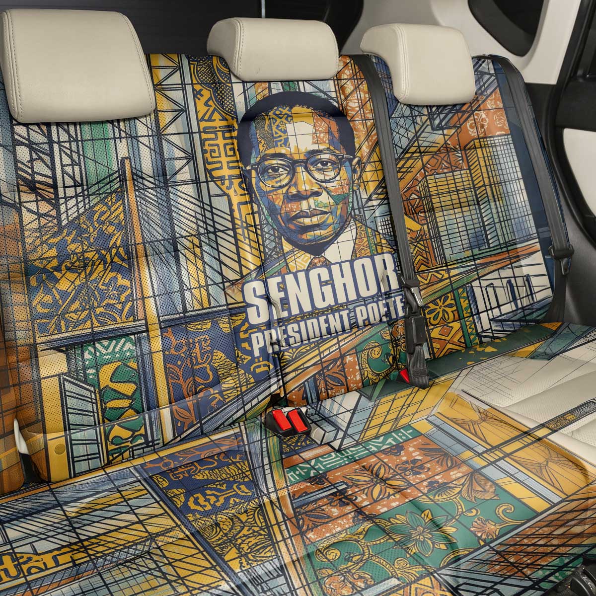 Léopold Sédar Senghor Back Car Seat Cover President Poete Portrait Futuristic African Robotic Handshake Earth and Flowers Unity - Wonder Print Shop