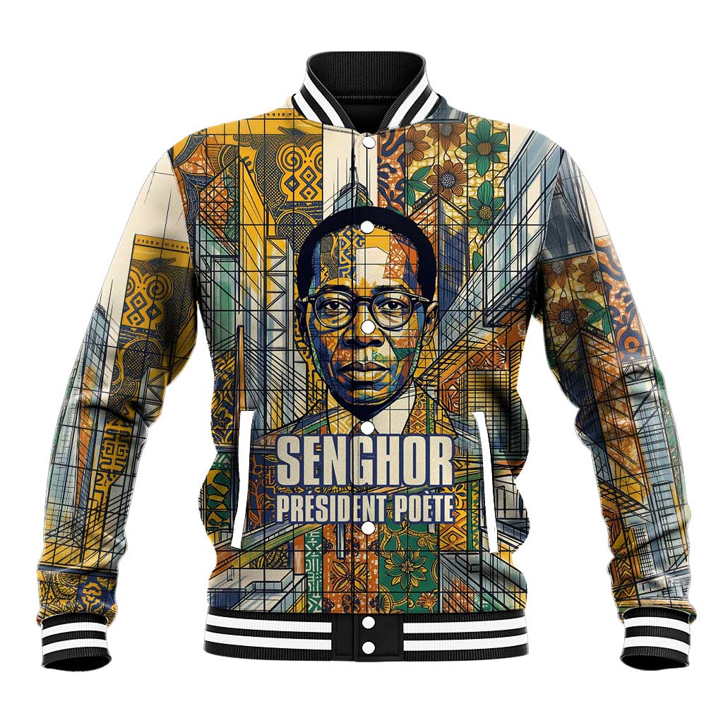 Léopold Sédar Senghor Baseball Jacket President Poete Portrait Futuristic African Robotic Handshake Earth and Flowers Unity - Wonder Print Shop