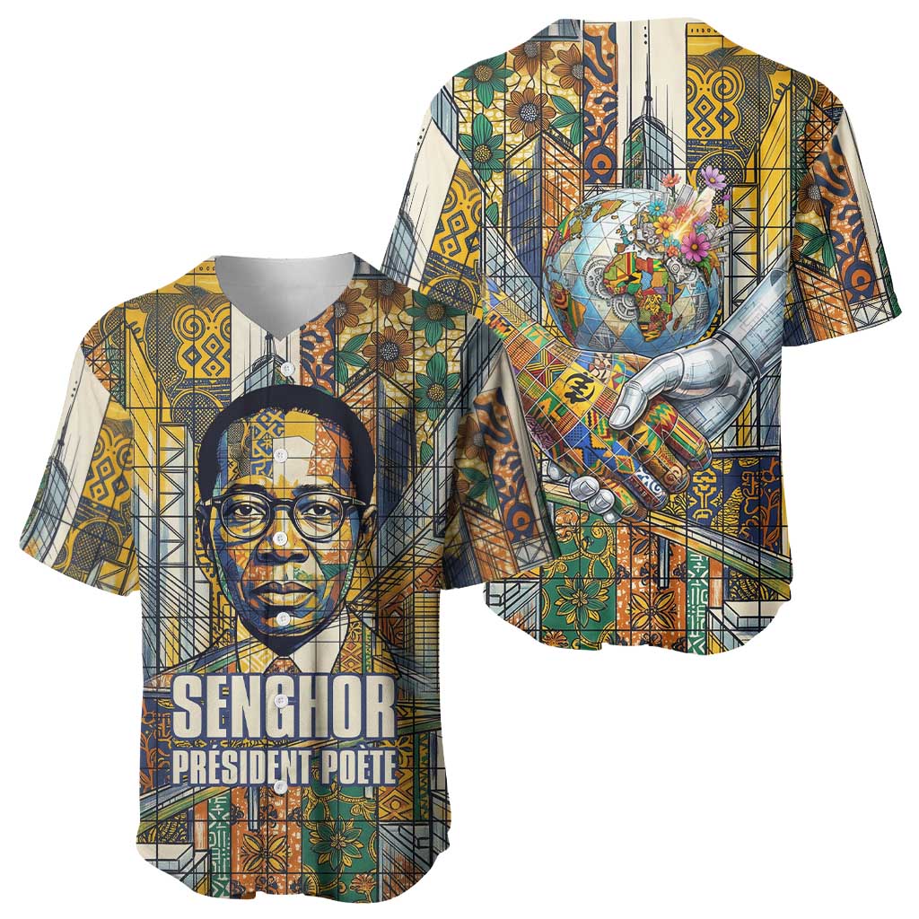 Léopold Sédar Senghor Baseball Jersey President Poete Portrait Futuristic African Robotic Handshake Earth and Flowers Unity - Wonder Print Shop