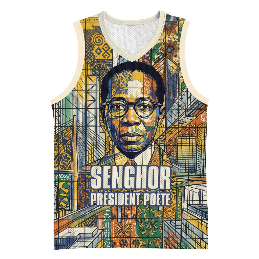 Léopold Sédar Senghor Basketball Jersey President Poete Portrait Futuristic African Robotic Handshake Earth and Flowers Unity - Wonder Print Shop
