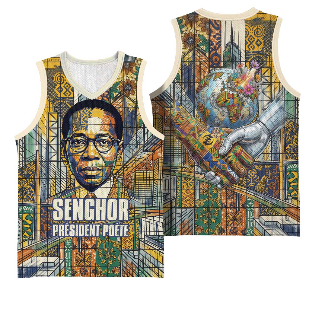 Léopold Sédar Senghor Basketball Jersey President Poete Portrait Futuristic African Robotic Handshake Earth and Flowers Unity - Wonder Print Shop