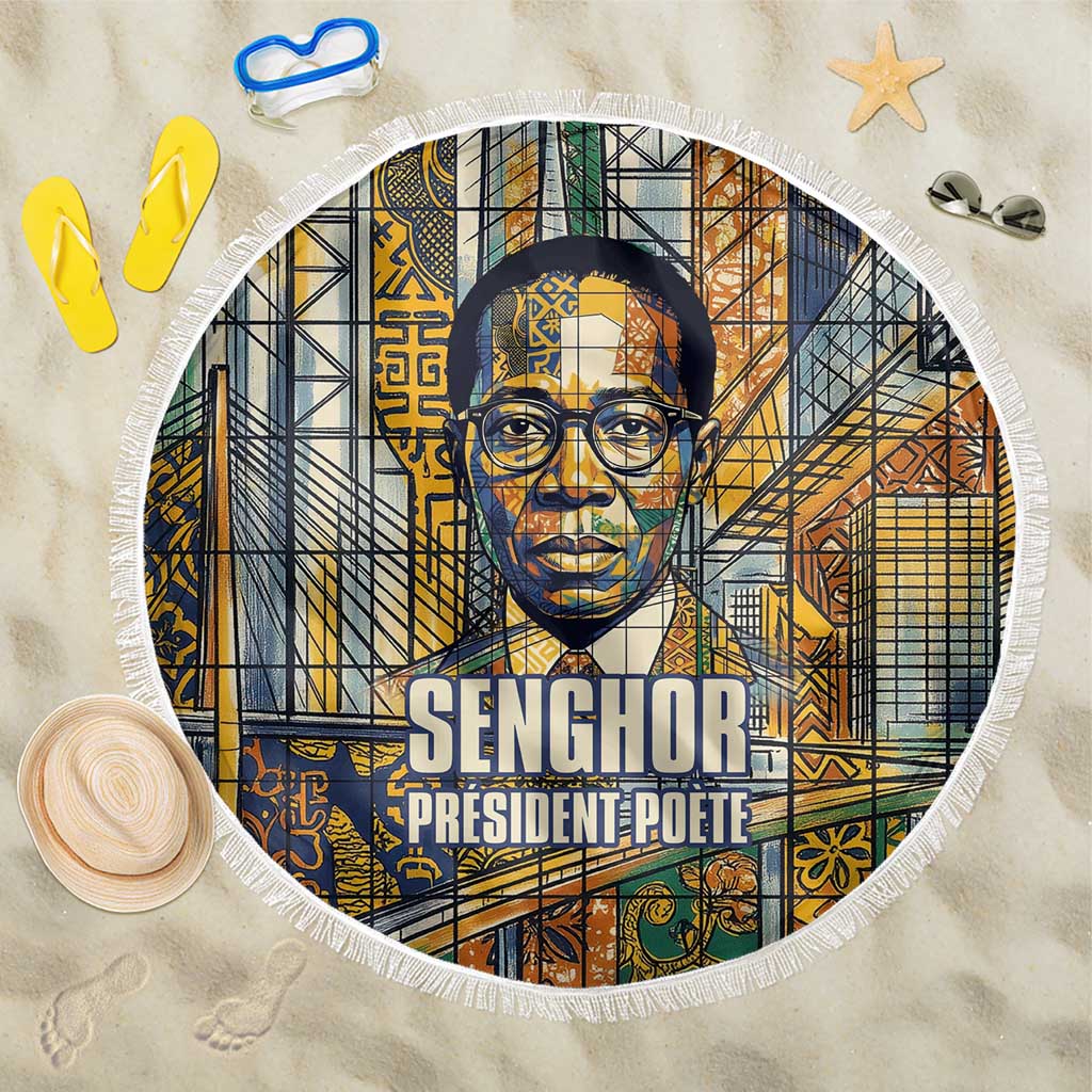 Léopold Sédar Senghor Beach Blanket President Poete Portrait Futuristic African Robotic Handshake Earth and Flowers Unity - Wonder Print Shop