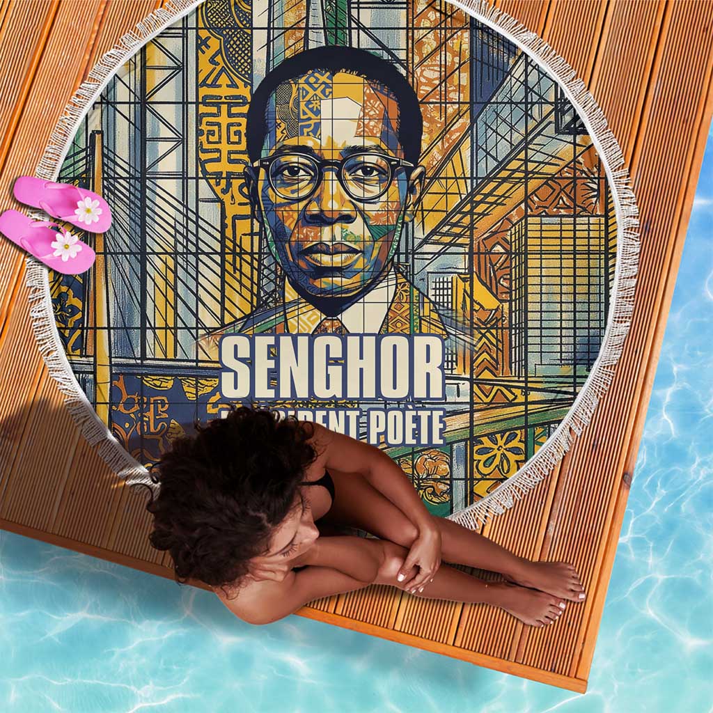 Léopold Sédar Senghor Beach Blanket President Poete Portrait Futuristic African Robotic Handshake Earth and Flowers Unity - Wonder Print Shop