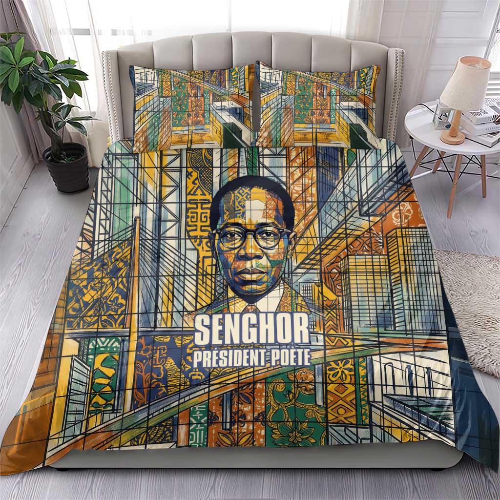 Léopold Sédar Senghor Bedding Set President Poete Portrait Futuristic African Robotic Handshake Earth and Flowers Unity - Wonder Print Shop