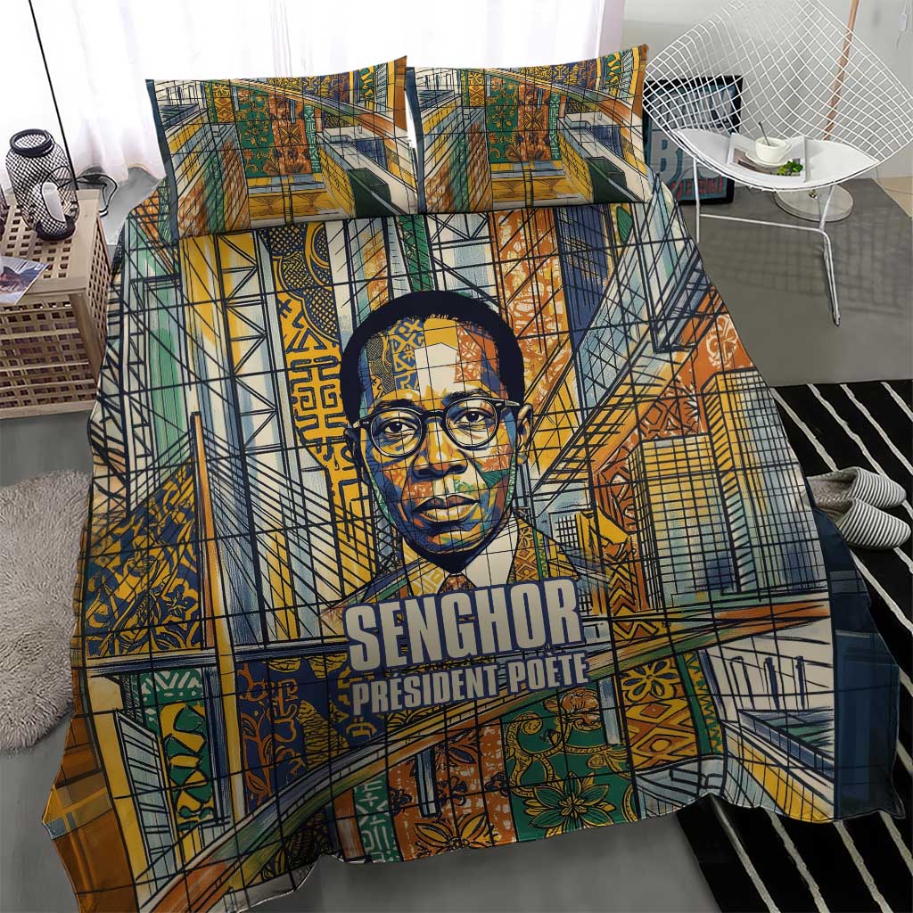Léopold Sédar Senghor Bedding Set President Poete Portrait Futuristic African Robotic Handshake Earth and Flowers Unity - Wonder Print Shop