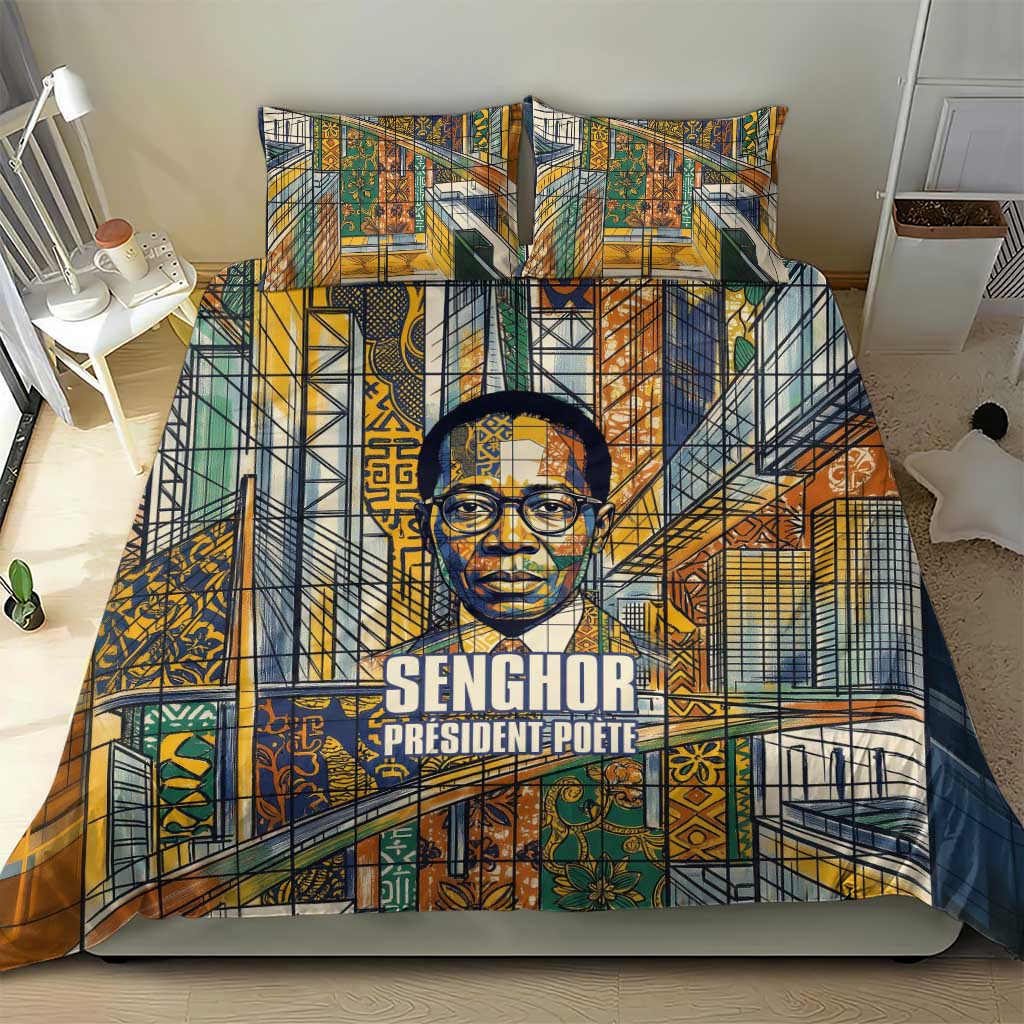 Léopold Sédar Senghor Bedding Set President Poete Portrait Futuristic African Robotic Handshake Earth and Flowers Unity - Wonder Print Shop