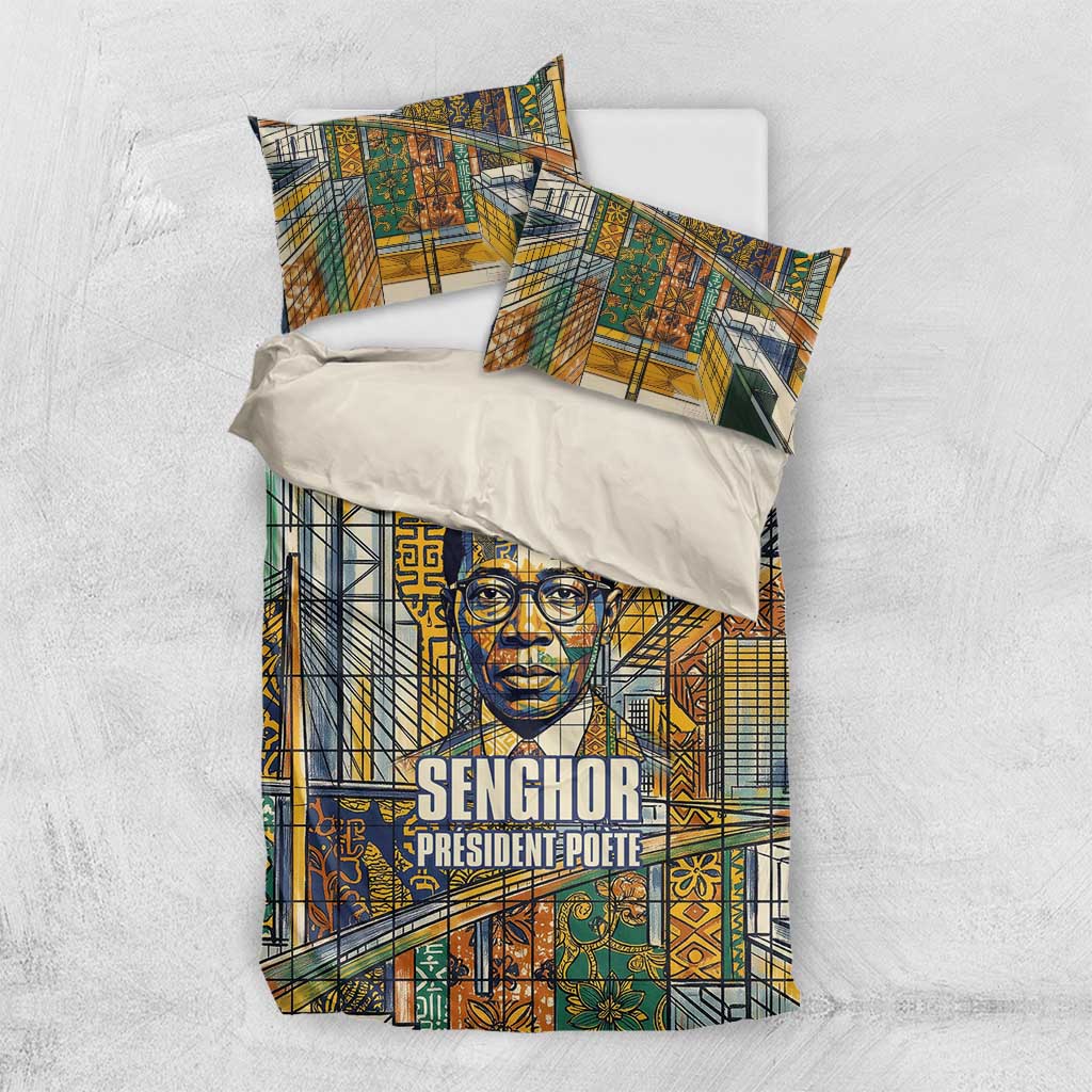 Léopold Sédar Senghor Bedding Set President Poete Portrait Futuristic African Robotic Handshake Earth and Flowers Unity - Wonder Print Shop